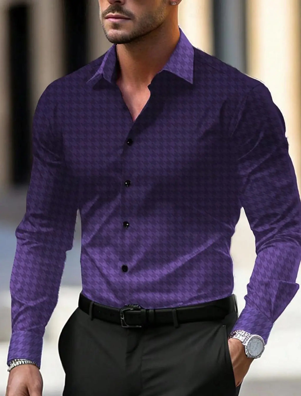 Men's Business Casual Printed Long Sleeve Shirt Formal Button Up Shirt Cuffed Long Sleeve