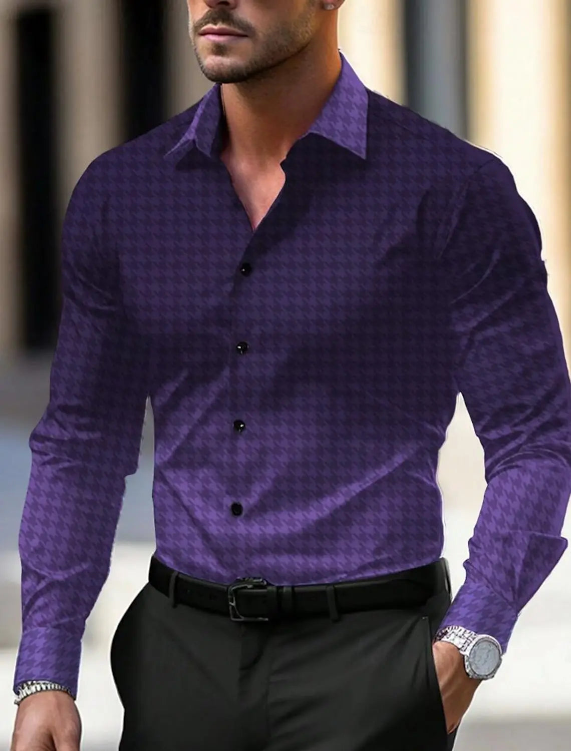 Men's Business Casual Printed Long Sleeve Shirt Formal Button Up Shirt Cuffed Long Sleeve
