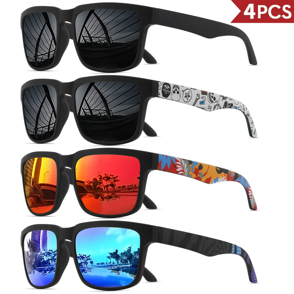 4PCS Square Sports Sunglasses with Designer Temple Pattern - UV400 for Men/Women, Beach Vacation