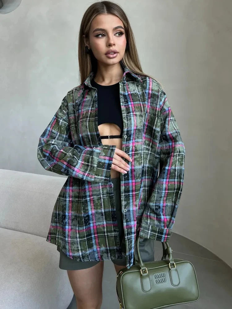 Women's Spring Loose Blouse Rhinestone Lapel Casual Top Long Sleeve Plaid T-Shirt Korean Style Vintage Fashion Chic Middle Age