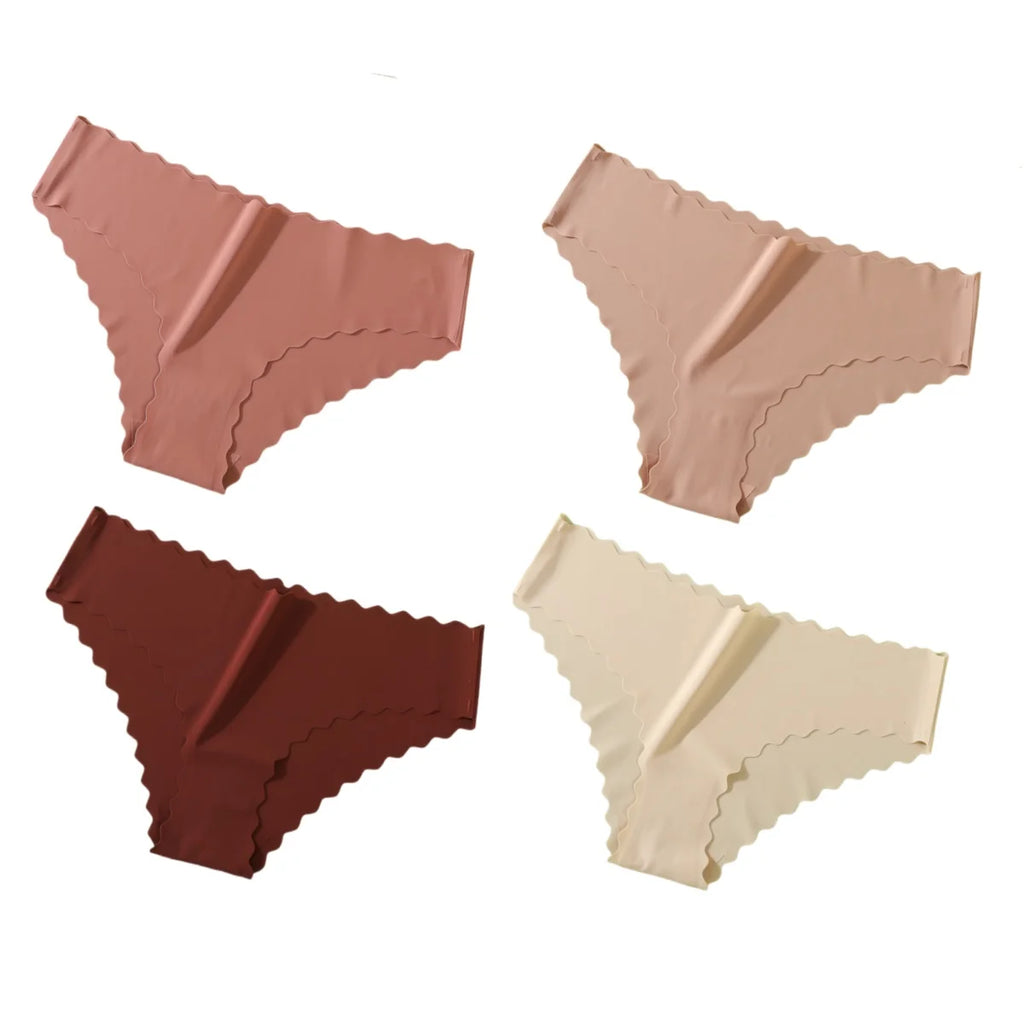 4Pcs/Set Ice Silk Mid-Rise Panties Women's Seamless Briefs Solid No Show Underwear Scalloped Edge Panties Sexy Lingerie