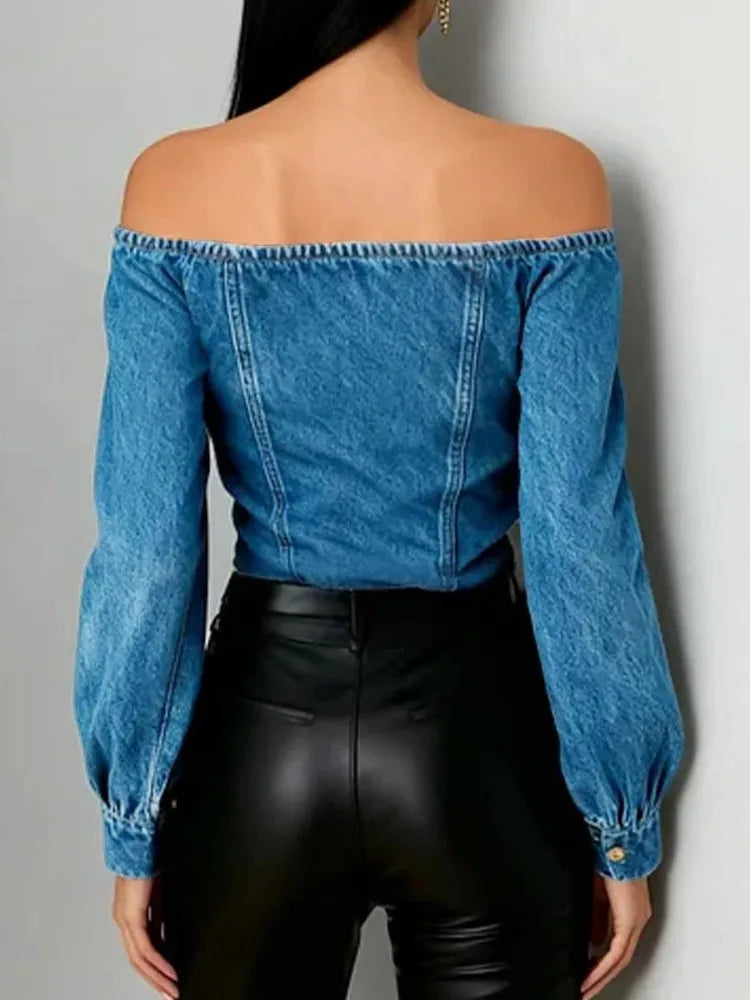 Women's Y2K Off Shoulder Denim Crop Tops Fashion Asymmetrical Hem Gold Button Long Sleeves Party Club Jean Blouses