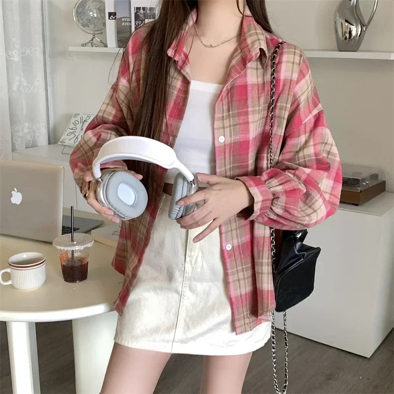 Flannel Shirts for Women Long Sleeve Collared Button-Up Tartan Plaid Shirt Jacket  Teen-girl Casual Everyday Outfit