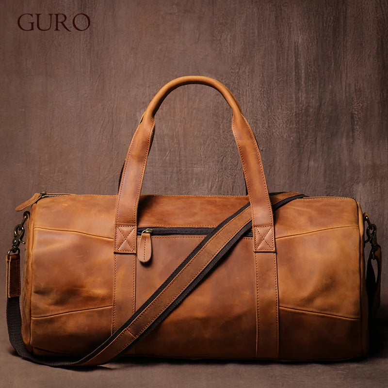 GURO Vintage Crazy Horse Cowhide Travel Bag Men's Real Leather Handbag Casual Weekend Camping Luggage Bag