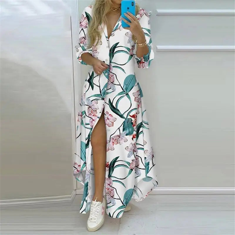 Summer Women Boho Printed Long Shirts Elegant Dress Turn-down Collar Long Sleeve Female Casual Split Shirt