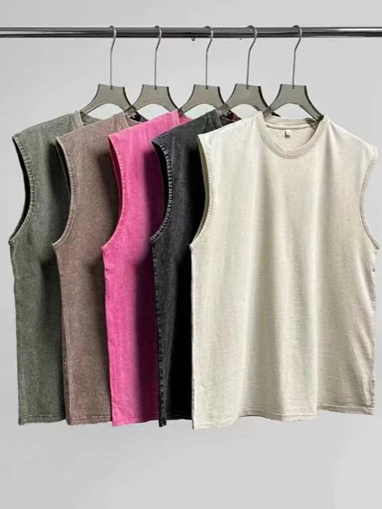 Summer Men's Washed Cotton Tank Tops Muscle Gym Sleeveless Workout T Shirts Running Beach Loose Cutoff Tees