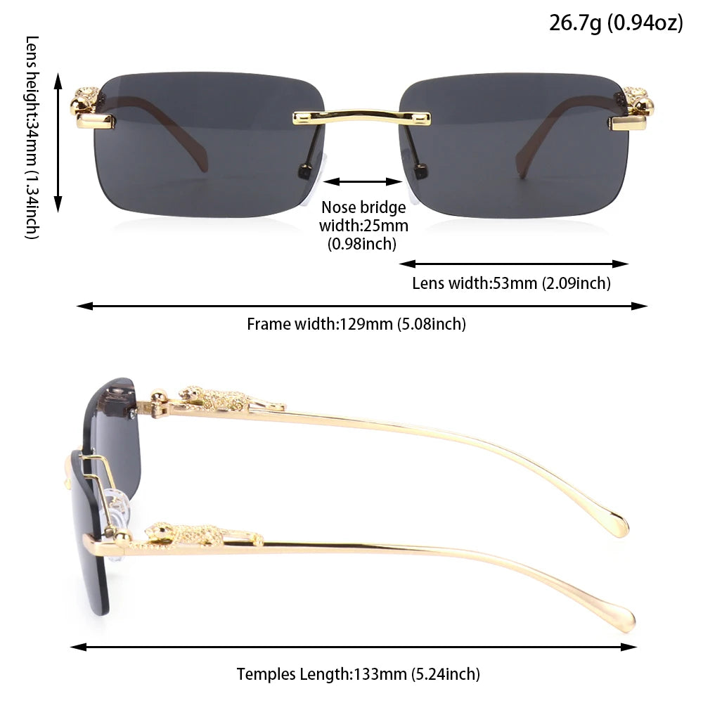 Rimless Square Sunglasses Women Men Luxury Brand Designer Popular Travel Driving Metal Leopard Head Sun Glasses Shade Eyewear