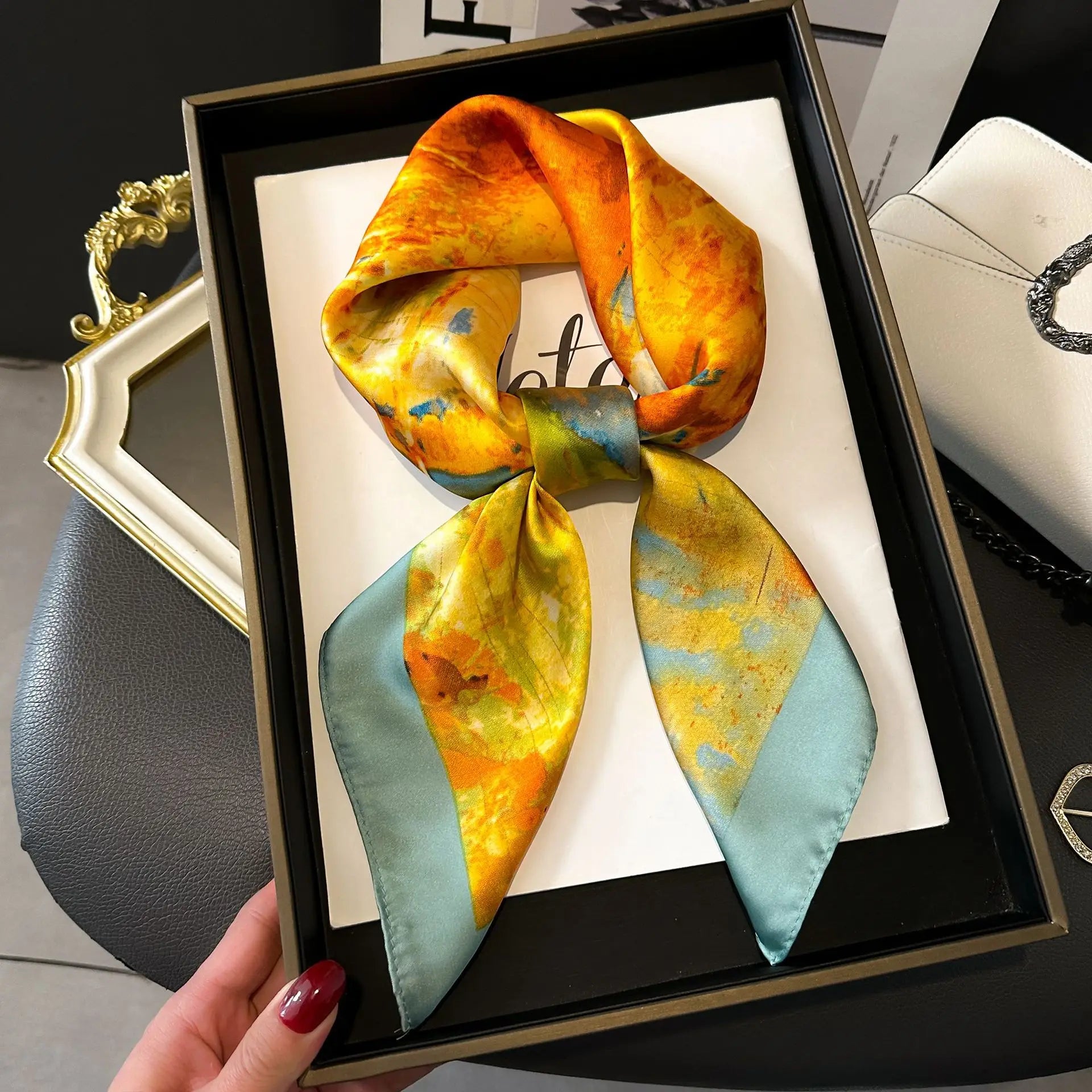 Luxury Imitation Silk Scarf Black And White Striped Head Wrap For Women Multifunction Silk Feeling Neckerchief