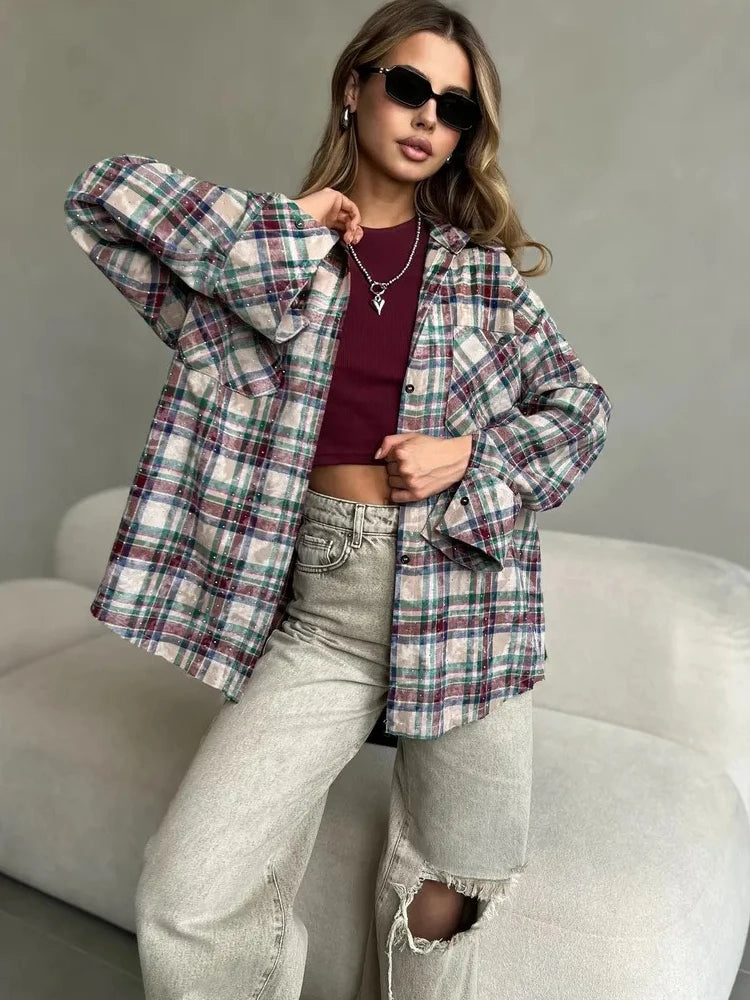Women's Spring Loose Blouse Rhinestone Lapel Casual Top Long Sleeve Plaid T-Shirt Korean Style Vintage Fashion Chic Middle Age