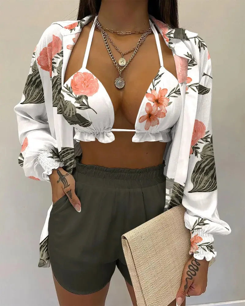 New Bathing Suit Shorts Cover Up Summer Three Pieces Swimwear Sexy Beachwear High Waist Bikini Set Print Women's Swimsuit
