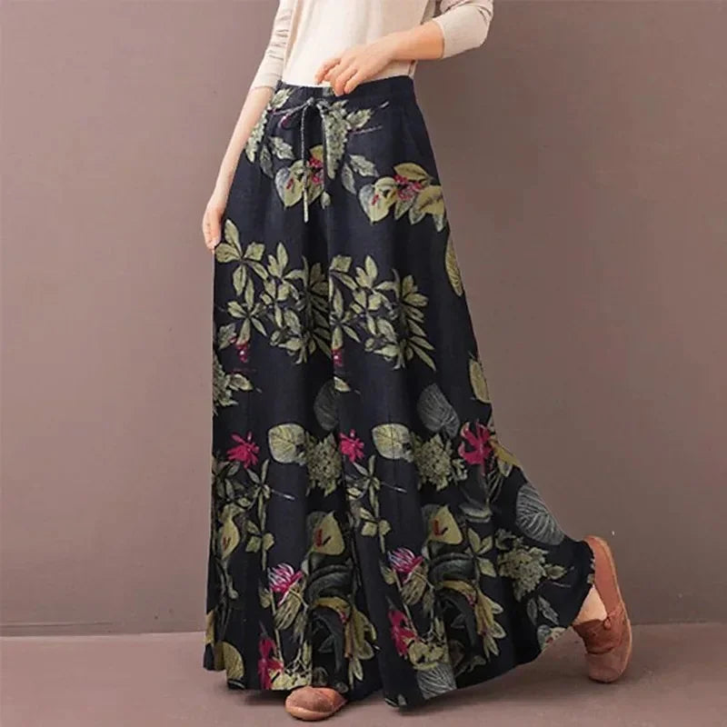 Floral Print Wide Leg Women Pants Spring Drawstring Bohemia Trousers Lady Casual Loose Elastic Waist