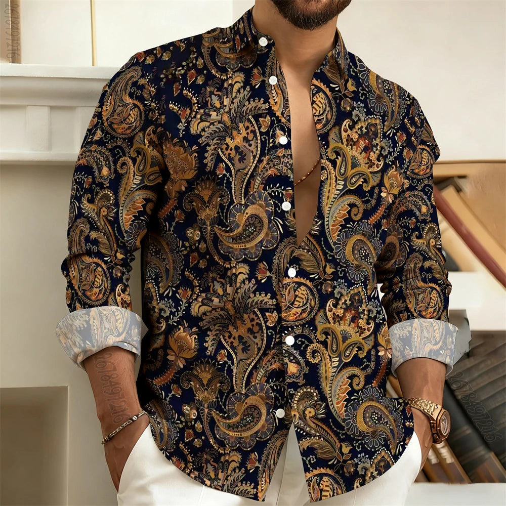 Men's Long-Sleeved Shirt with Paisley Cashew Pattern Print, Vintage, Comfortable, and Stylish Casual Men's Lapel Top