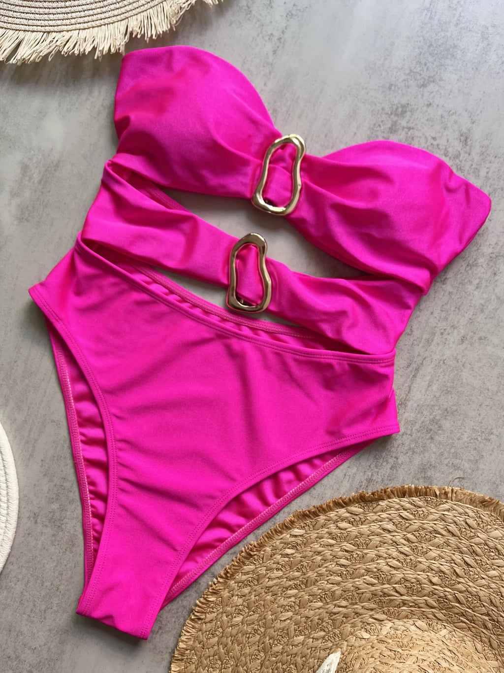 Women's Sexy Bandeau One Piece Swimsuit with Metal Rings Cut out High Leg Female Swimwear in 3 Colors Neoprene Knit Polyester Nylon