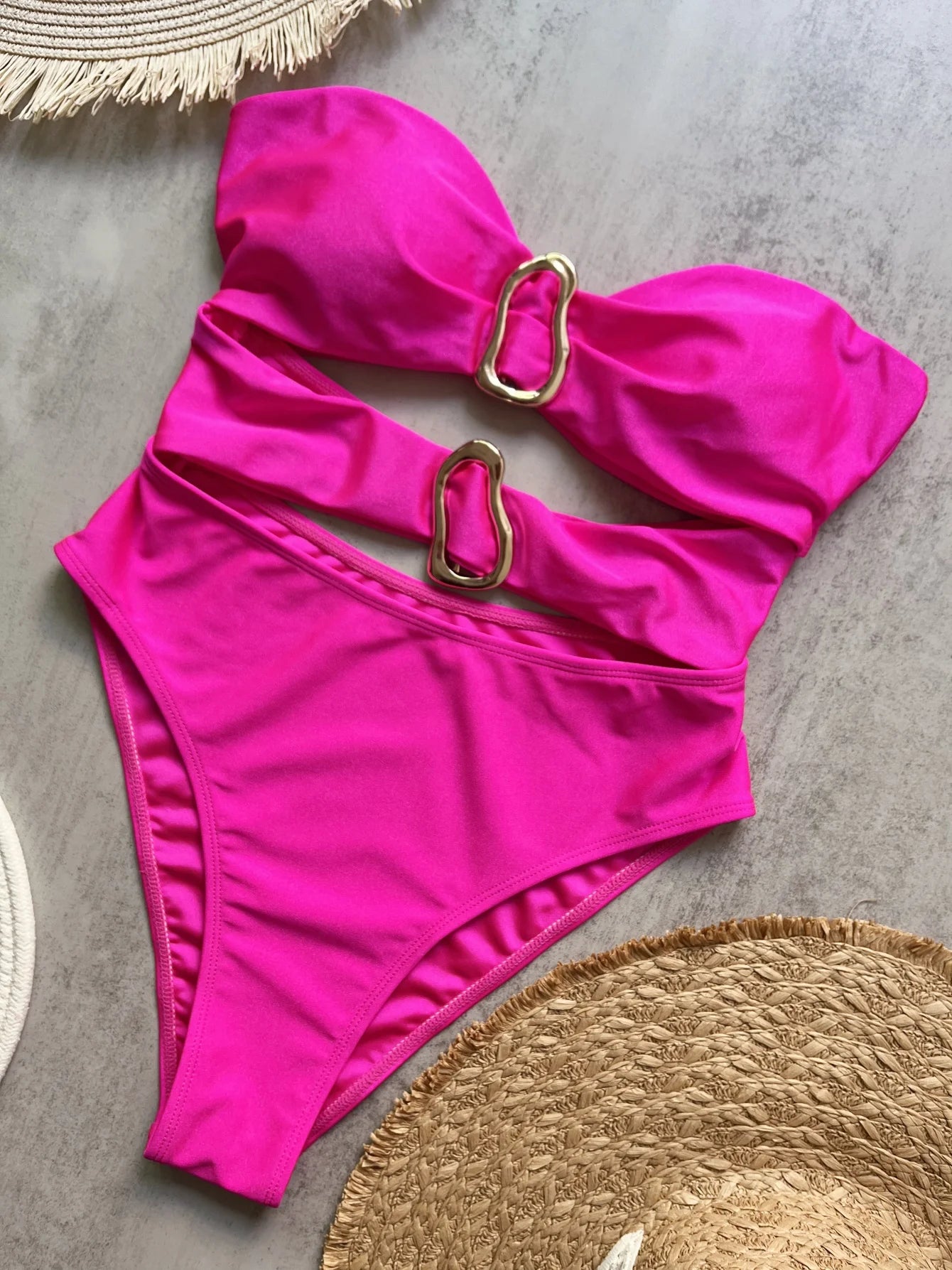 Women's Sexy Bandeau One Piece Swimsuit with Metal Rings Cut out High Leg Female Swimwear in 3 Colors Neoprene Knit Polyester Nylon