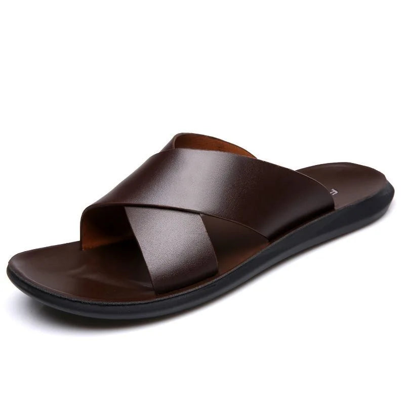 Genuine Leather Sandals for Men Casual Non-Slip Beach Shoes Fashion Soft Soled Flip Flops Men Flat Shoes
