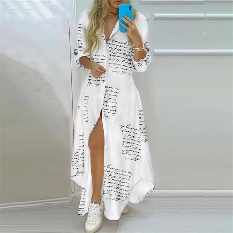 Summer Women Boho Printed Long Shirts Elegant Dress Turn-down Collar Long Sleeve Female Casual Split Shirt