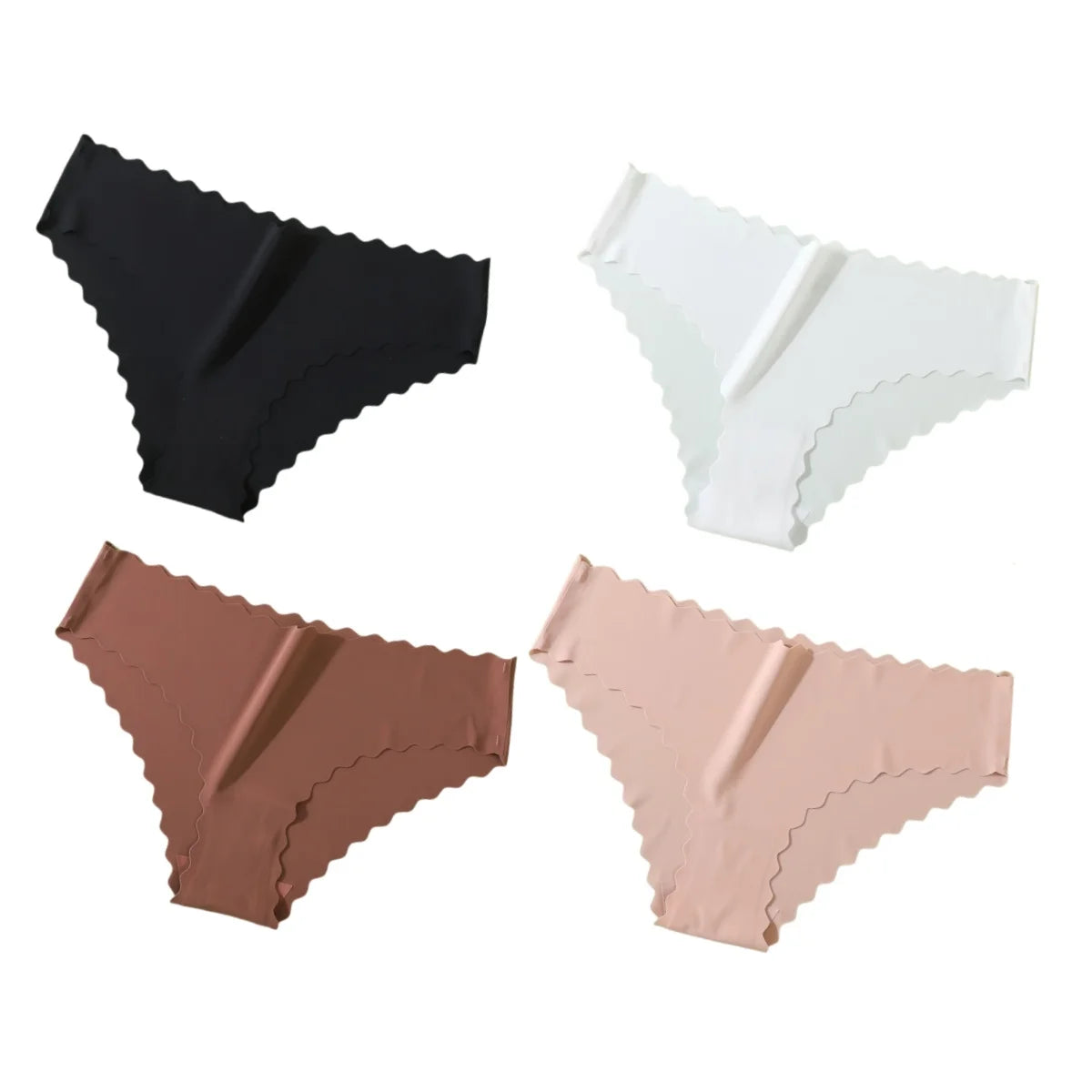 4Pcs/Set Ice Silk Mid-Rise Panties Women's Seamless Briefs Solid No Show Underwear Scalloped Edge Panties Sexy Lingerie