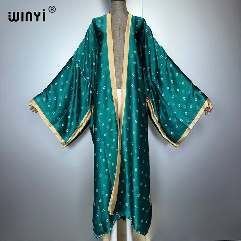 Women Cardigan stitch Cocktail sexy Boho Maxi African Holiday Batwing Sleeve Silk feeling Robe