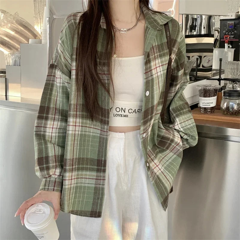 Flannel Shirts for Women Long Sleeve Collared Button-Up Tartan Plaid Shirt Jacket  Teen-girl Casual Everyday Outfit
