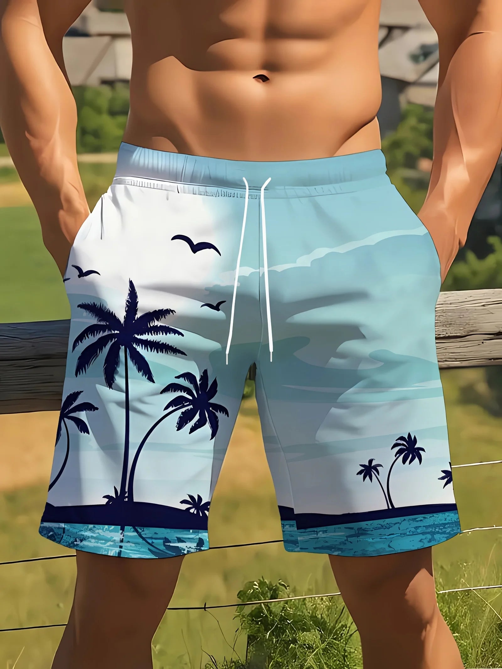 Men's Ocean Coconut Tree Print Beach Shorts Summer New Vacation Surfboard Casual Classic Men's Quick-Dry Shorts