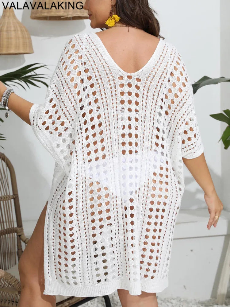 Solid Women Plus Size Cove Up Short Sleeve Large Big Tunic Lady Chubby Beach Dress Brazilian Summer Swimsuit Cover-Ups