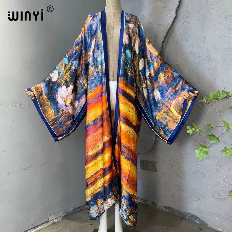 Women Cardigan stitch Cocktail sexy Boho Maxi African Holiday Batwing Sleeve Silk feeling Robe
