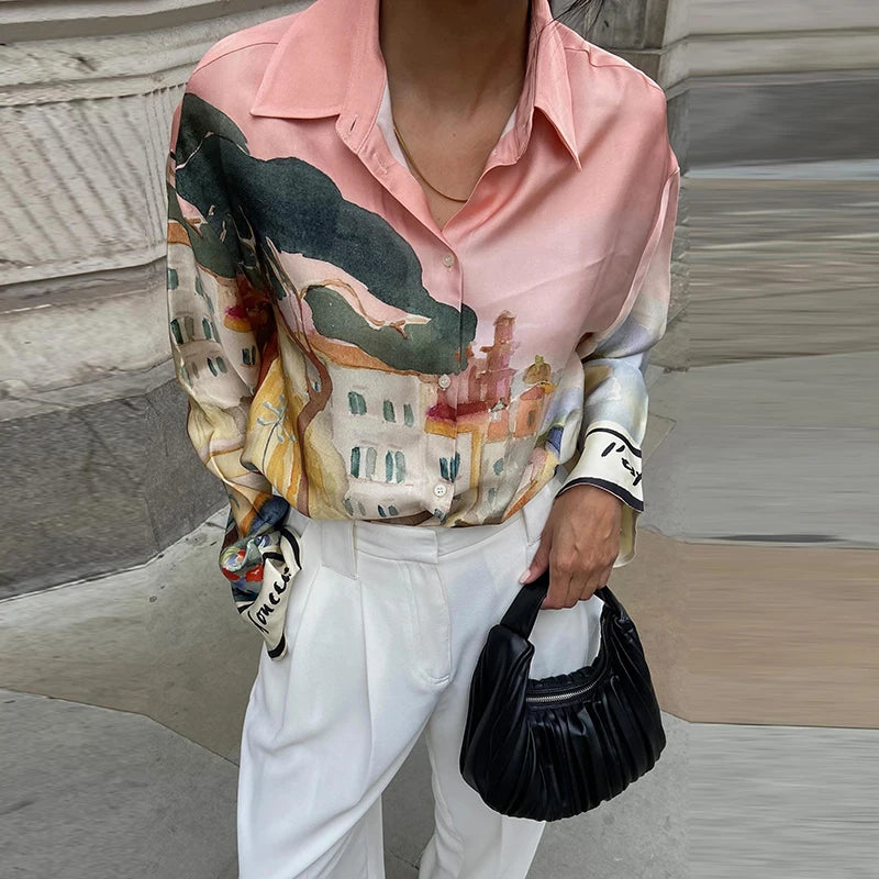 Fashion Printed 2 Piece Set Loose Lapel Button Long Sleeved Shirt Elastic Waist Shorts Suit Lady Set