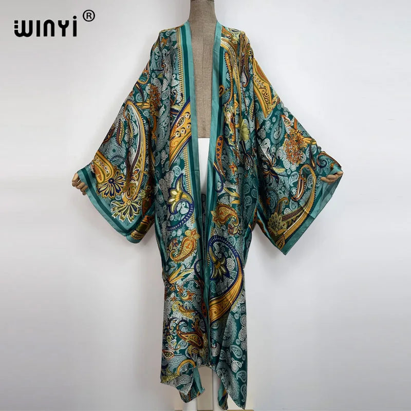 Women Cardigan stitch Cocktail sexy Boho Maxi African Holiday Batwing Sleeve Silk feeling Robe
