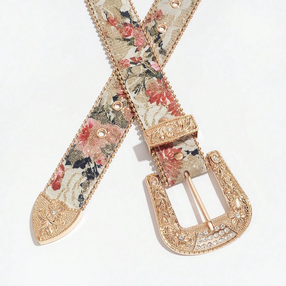 Women's Light Luxury and Elegant Carved Metal Buckle Multi-color Maple Leaf Glitter Print Beaded Edge Belt for Jeans