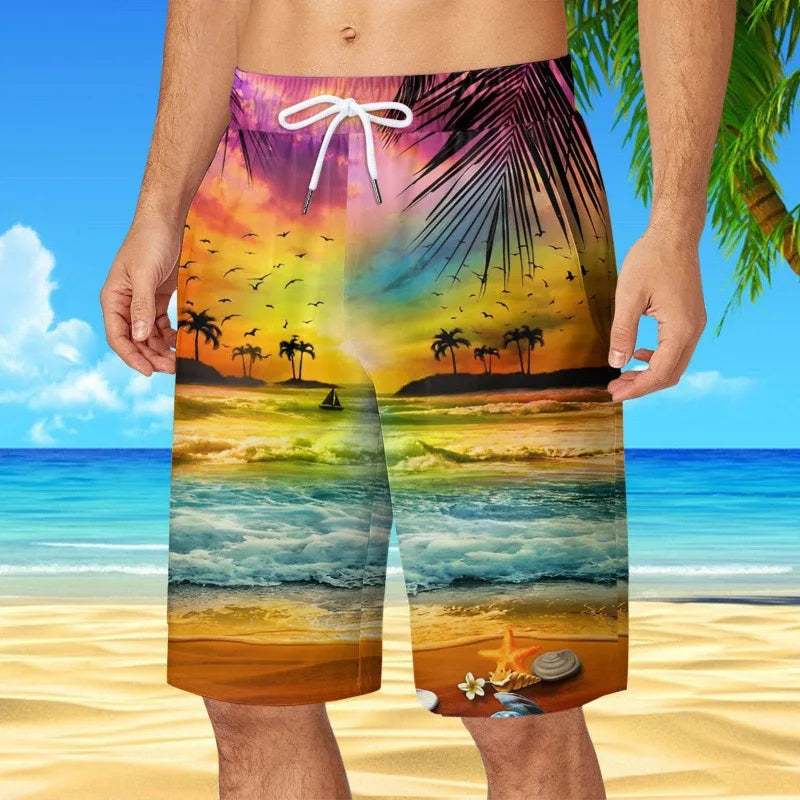 Men's Hawaiian Beach Shorts Coconut Tree 3D Print Quick Dry Oversized Surfing Board Shorts Summer Swimsuits Trunks Man Clothing