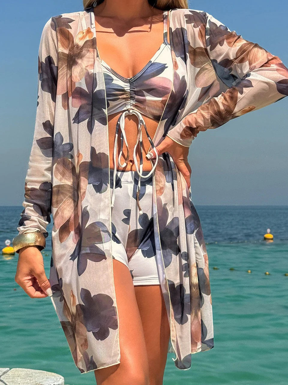 3 Pieces Tie Dye Bikinis Swimsuit Drawstring Front Female High Waist Shorts