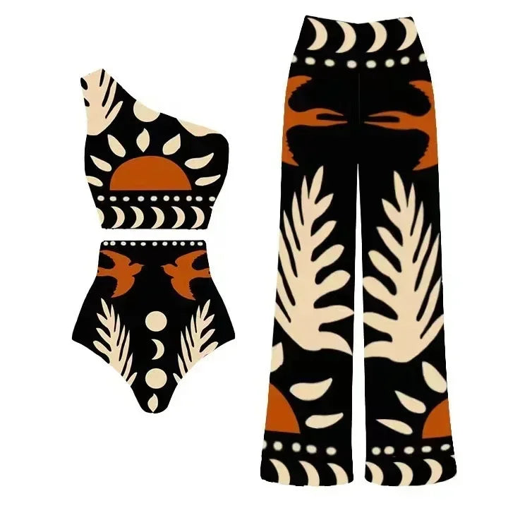 Sexy Bird Print Mesh High Waist Bikini 3 Pieces Sets Women Fashion Hollow Out One Pieces Swimwear 2026 New Beach Sarong Monokini