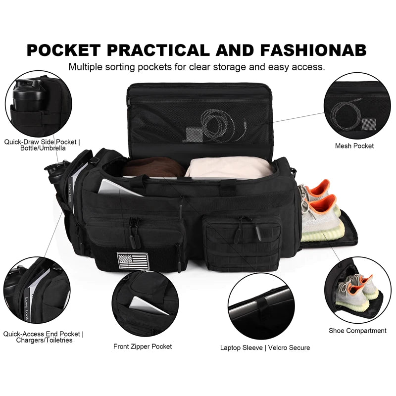 LHI 50L 3 in 1 Travel Duffle Bag Men Large Gym Sports Bags Tactical Military Duffle Backpack with Shoes Compartment & Wet Pocket
