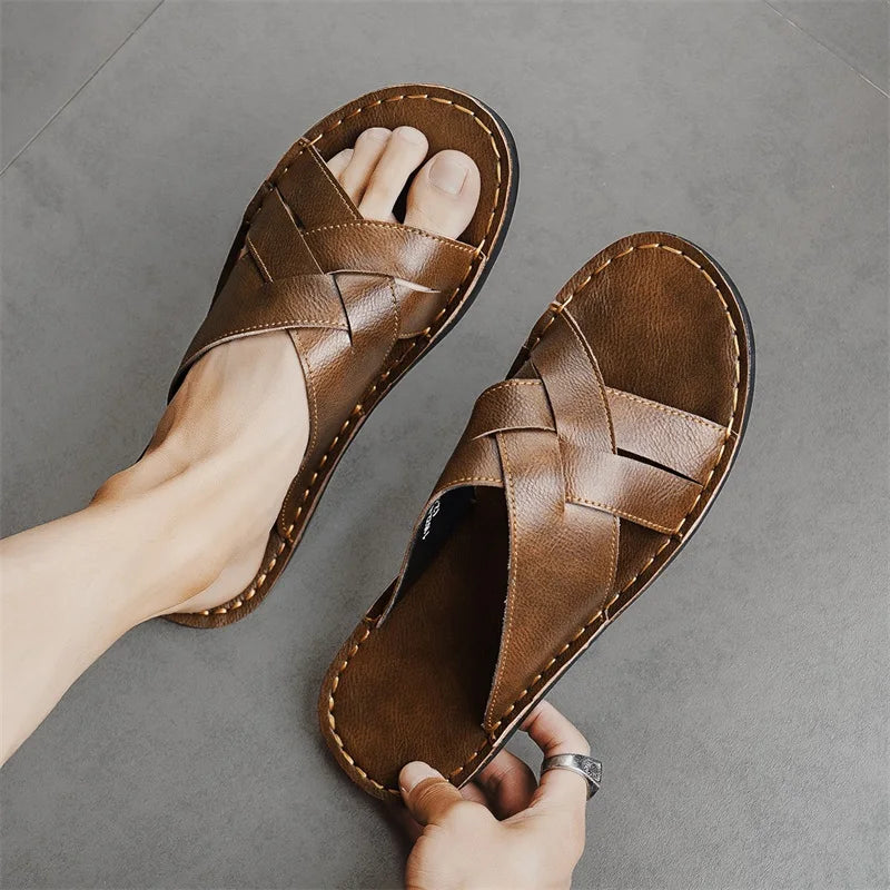 Handmade Leather Slippers for Men, Beach Summer Walking Shoes Slip on Light Male Flats Men Flip-flops Outdoor Half Drag