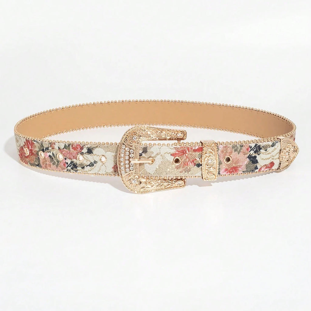 Women's Light Luxury and Elegant Carved Metal Buckle Multi-color Maple Leaf Glitter Print Beaded Edge Belt for Jeans