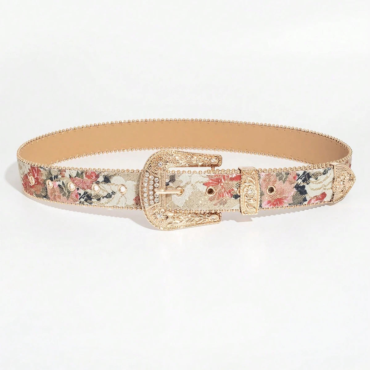 Women's Light Luxury and Elegant Carved Metal Buckle Multi-color Maple Leaf Glitter Print Beaded Edge Belt for Jeans