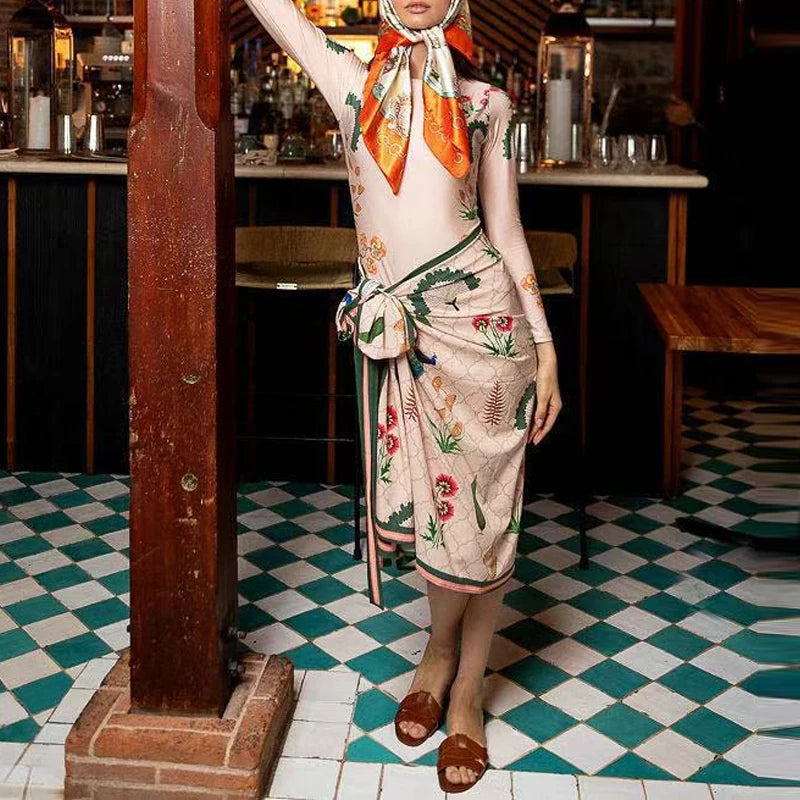 Summer New Beach Vacation 2 Piece Casual Pattern Printed Swimsuits Suits Fashion Slim Long Sleeve Bodysuit + Half Skirts Outfits