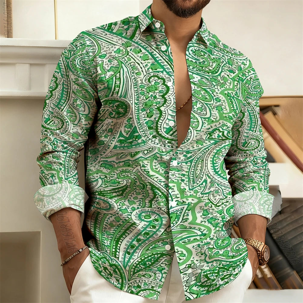 Men's Long-Sleeved Shirt with Paisley Cashew Pattern Print, Vintage, Comfortable, and Stylish Casual Men's Lapel Top