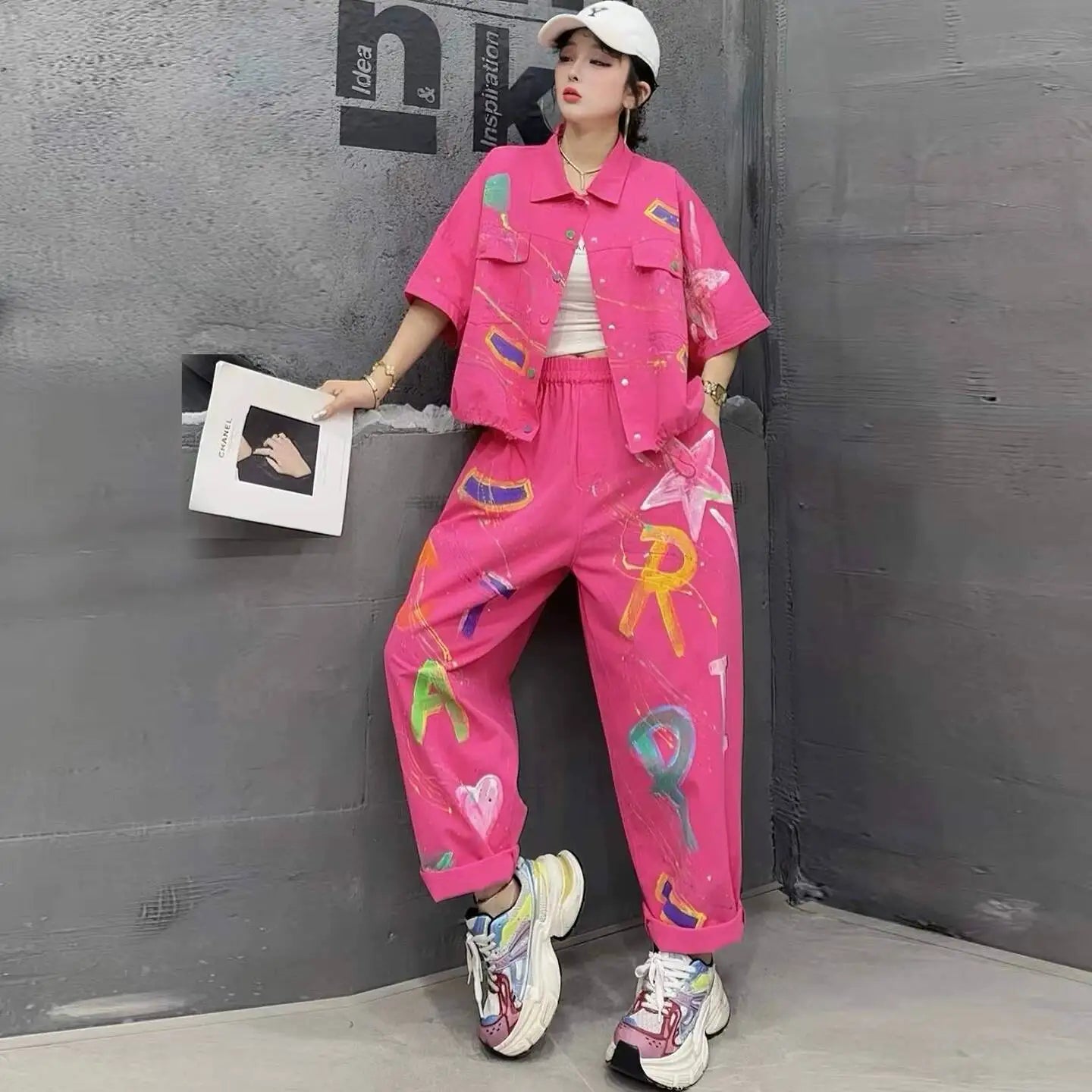 Personalized Hand-painted Denim Outfit Women 2026 Summer Short-sleeve Coat + Loose Long Pants Two-piece Set