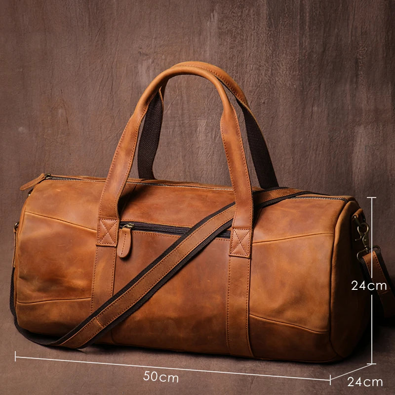 GURO Vintage Crazy Horse Cowhide Travel Bag Men's Real Leather Handbag Casual Weekend Camping Luggage Bag