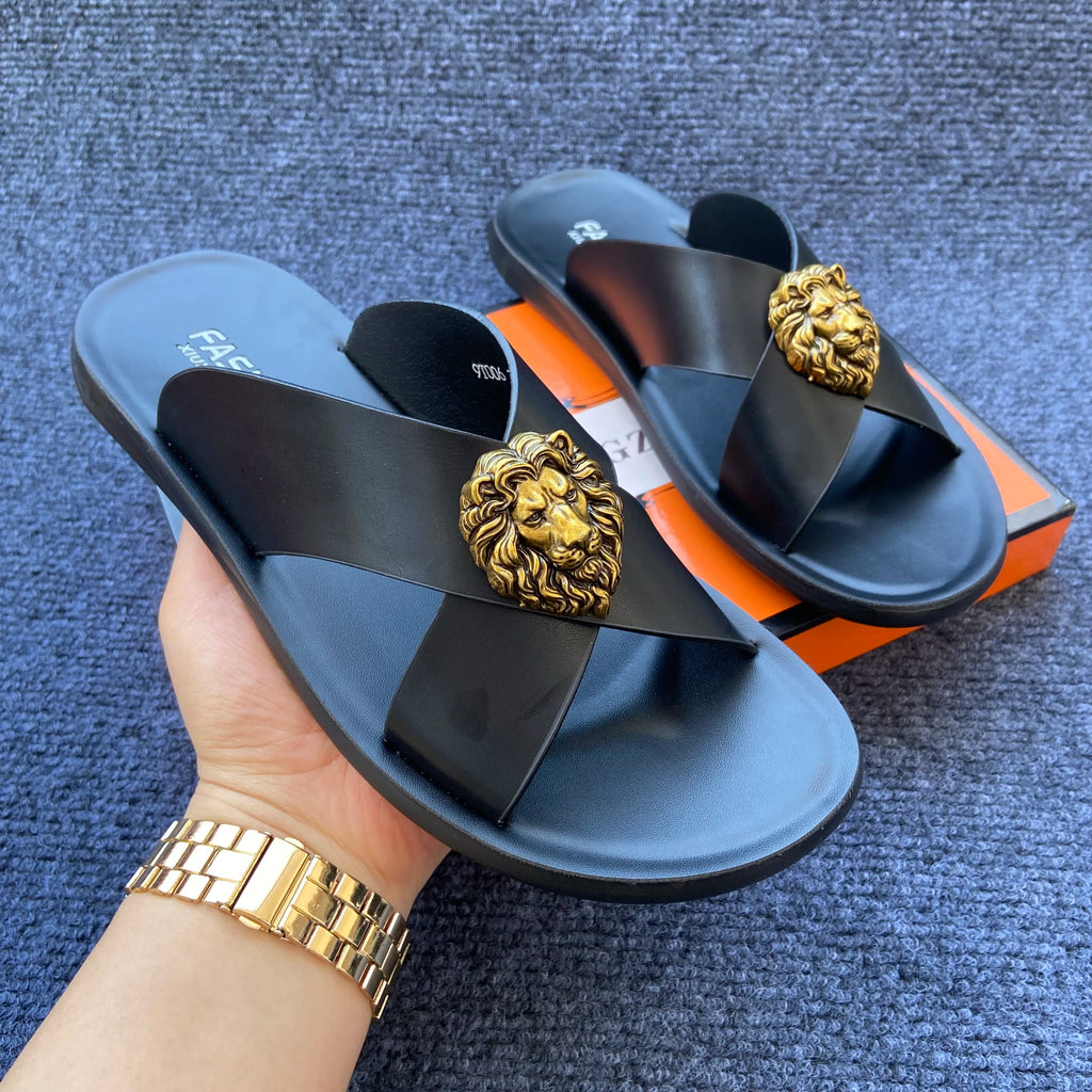 Leather slides for man black brown fashion shoes for mens slippers business beach slippers