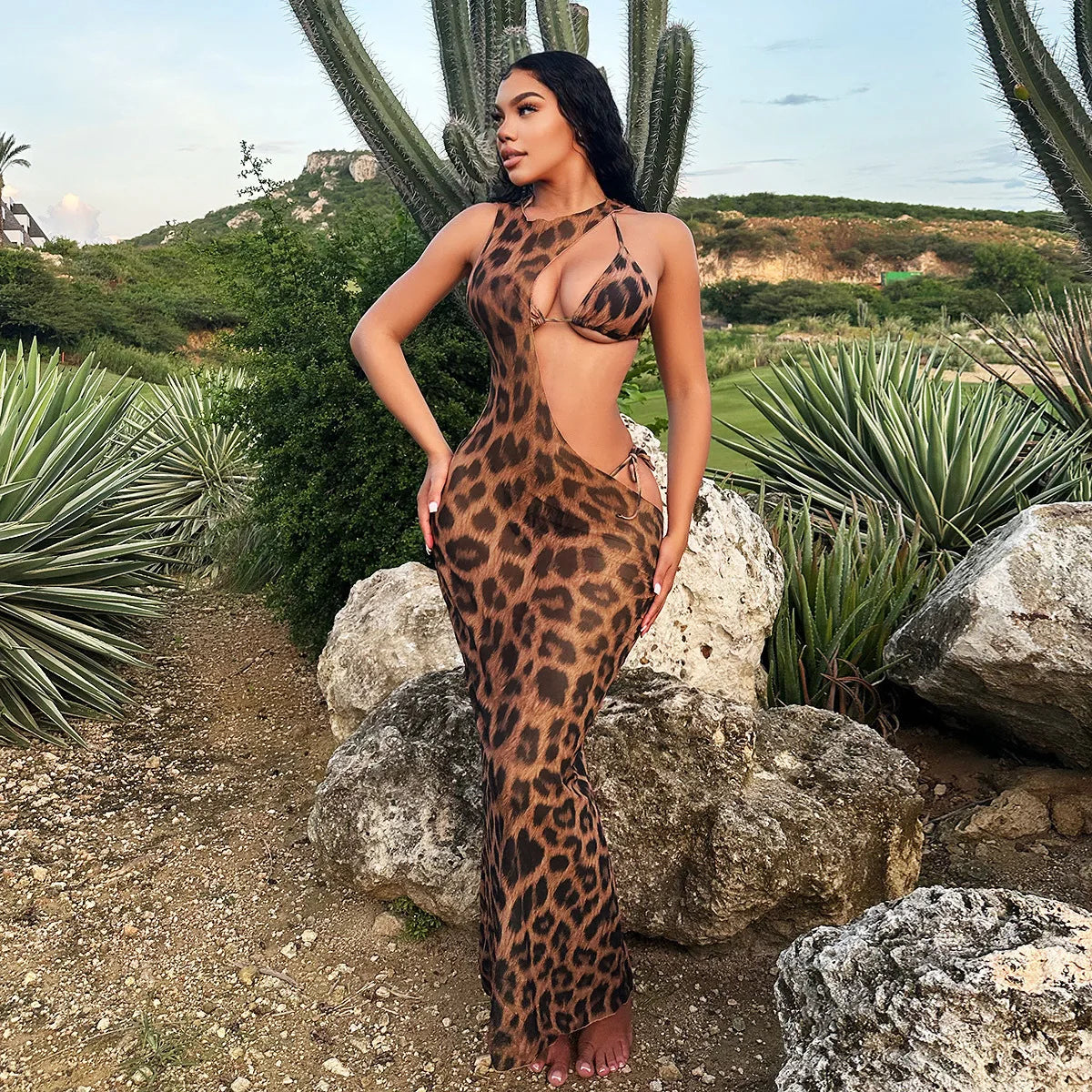 Women Beach Bikini Set with Cutout Leopard Printed Sexy Long Bodycon Swimsuit Three 2 Piece Set Swimwear Bathing Suit