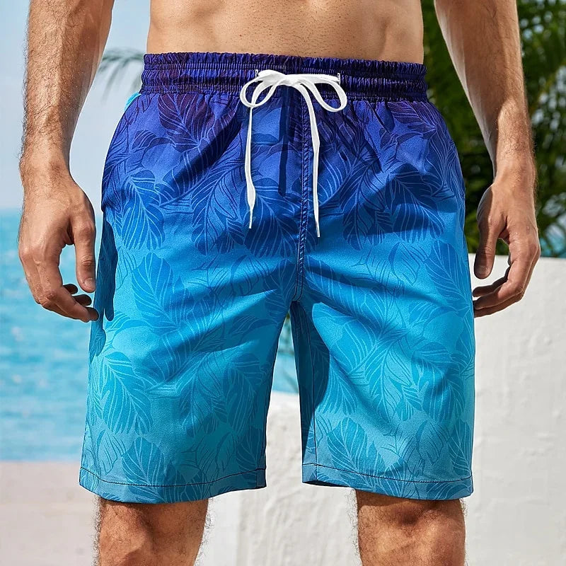 Men's gradual change pattern beach shorts, colorful 3D printed surf shorts, summer casual vacation loose shorts, surf trunks