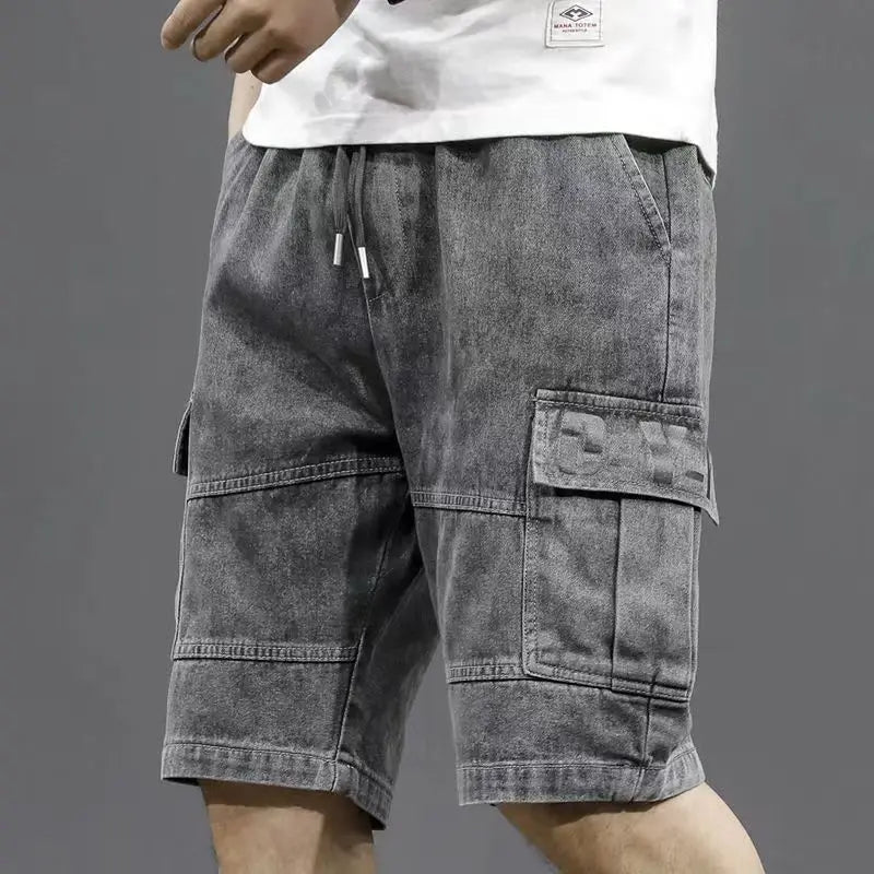 Men's Short Jeans Pants Straight Drawstring with Text Male Denim Shorts Cargo