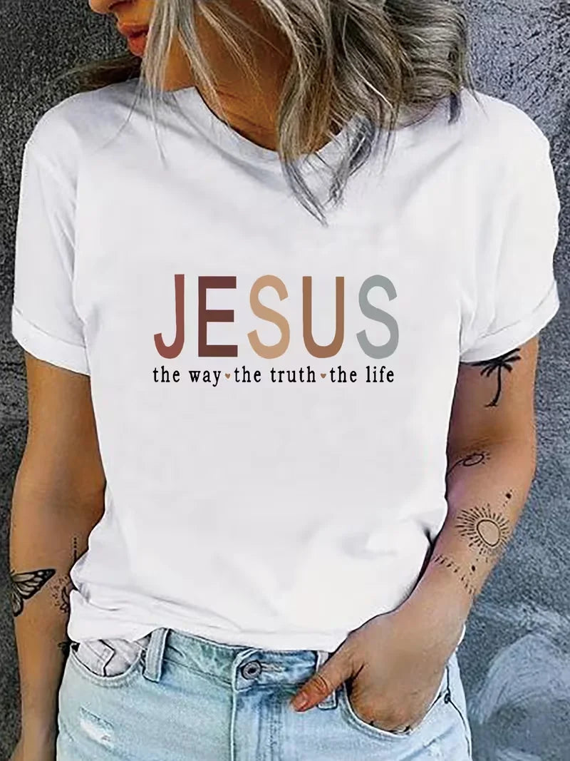 Women'S Casual T-Shirt Colorful Letter Print - "Jesus" The Way The Truth The Life" Design,