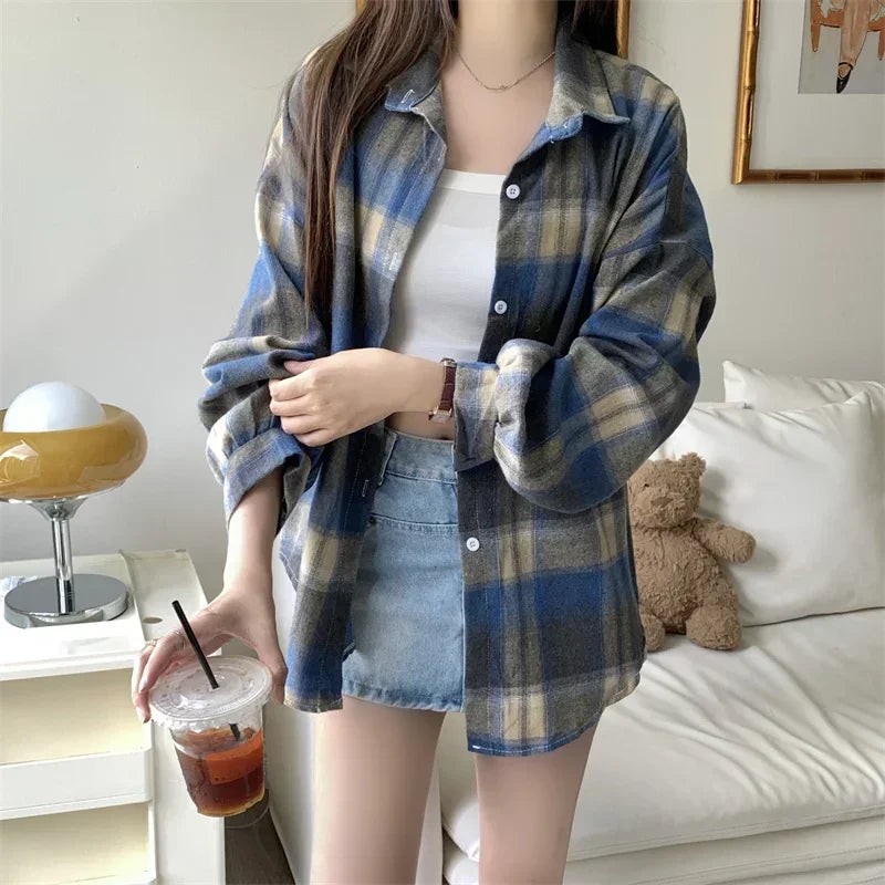Flannel Shirts for Women Long Sleeve Collared Button-Up Tartan Plaid Shirt Jacket  Teen-girl Casual Everyday Outfit