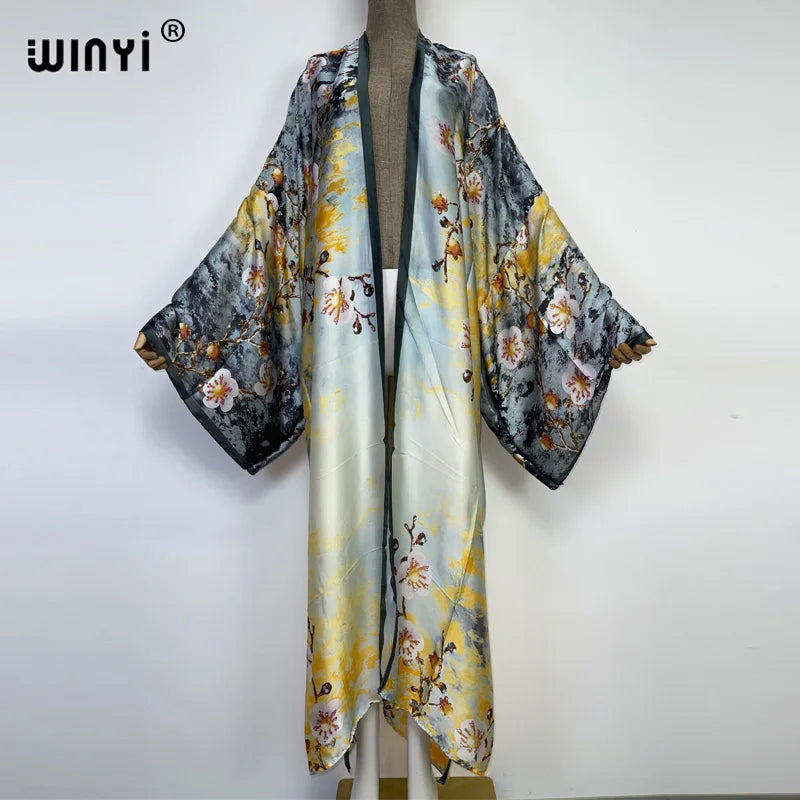 Women Cardigan stitch Cocktail sexy Boho Maxi African Holiday Batwing Sleeve Silk feeling Robe
