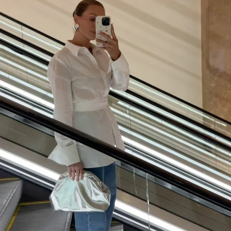 White Shirts Women Long Sleeve Lapel Blouse
