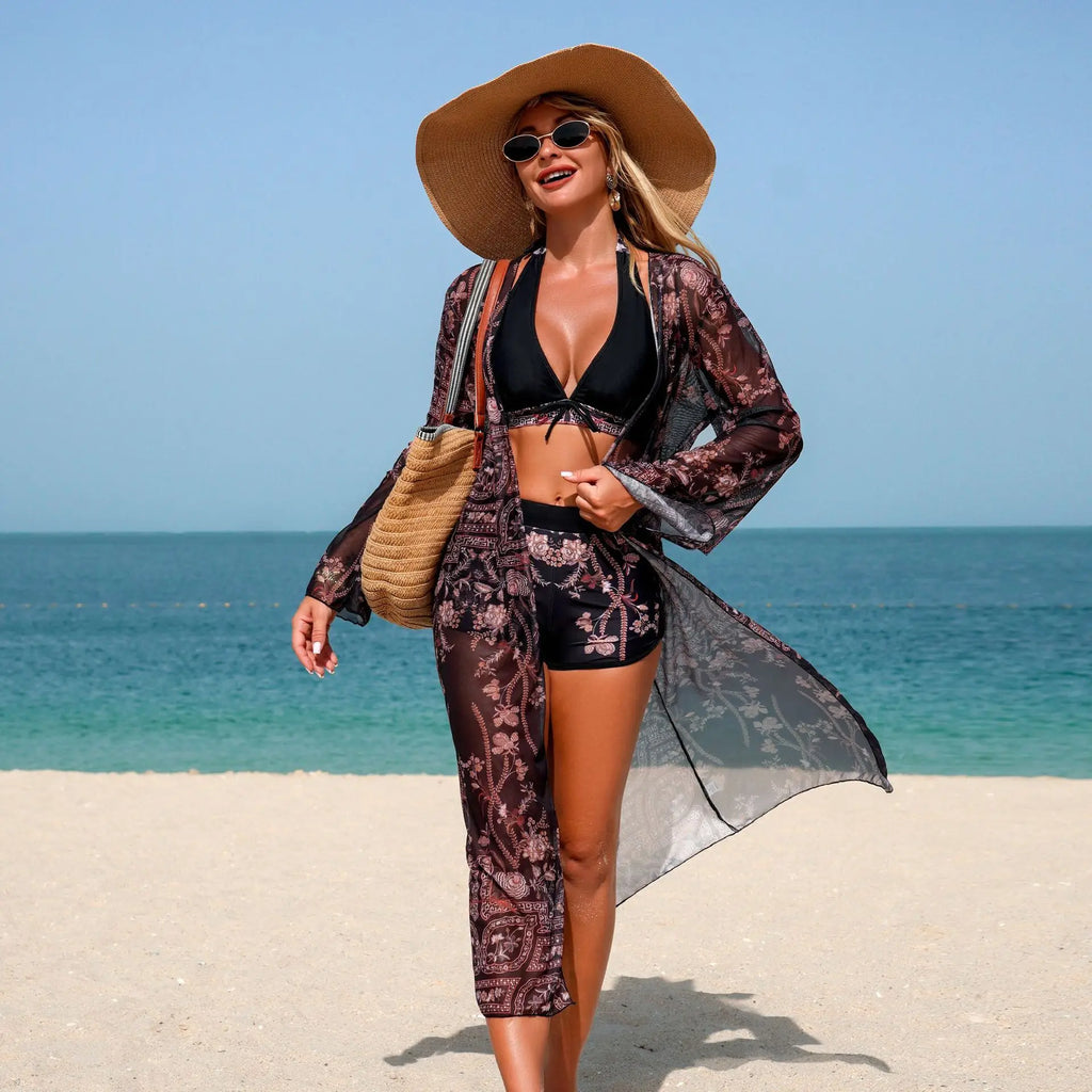 3-Piece Women Swimsuit Set High Waisted Boxer Shorts Swimsuit Long Sleeve Cardigan Beach Bikinis Summer Vacation Swimwear
