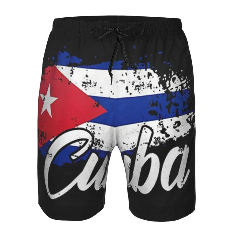 Men Cuba Pattern Beach Shorts Drawstring Quick Dry Street Loose Swimwear Surf Board Shorts